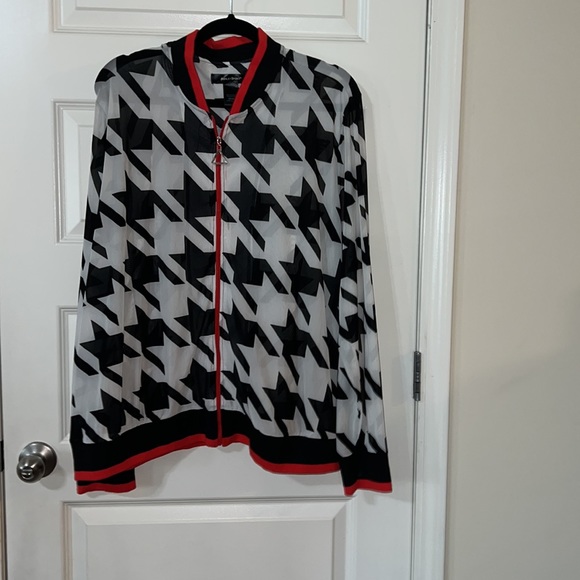 2pc gently used sheer jogger set. Houndstooth print trimmed in red. See thru - Picture 3 of 3